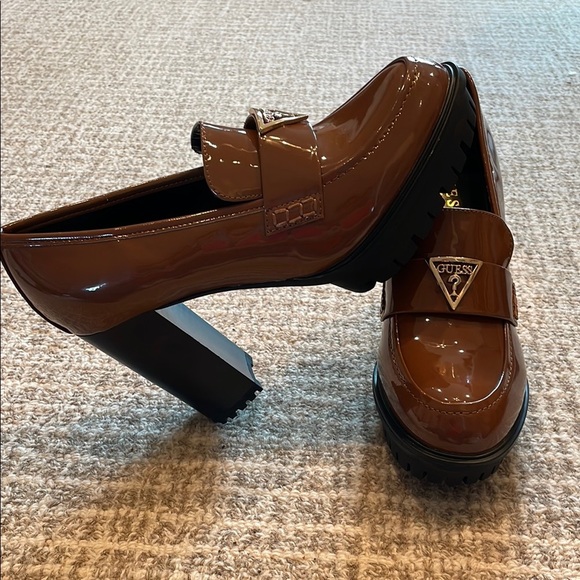 Guess Brown Patent Leather Loafers with 4” Clog Heel - Picture 1 of 7